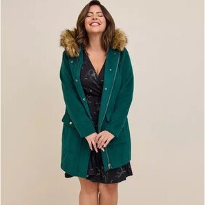 Torrid botanical green faux fur trim coat